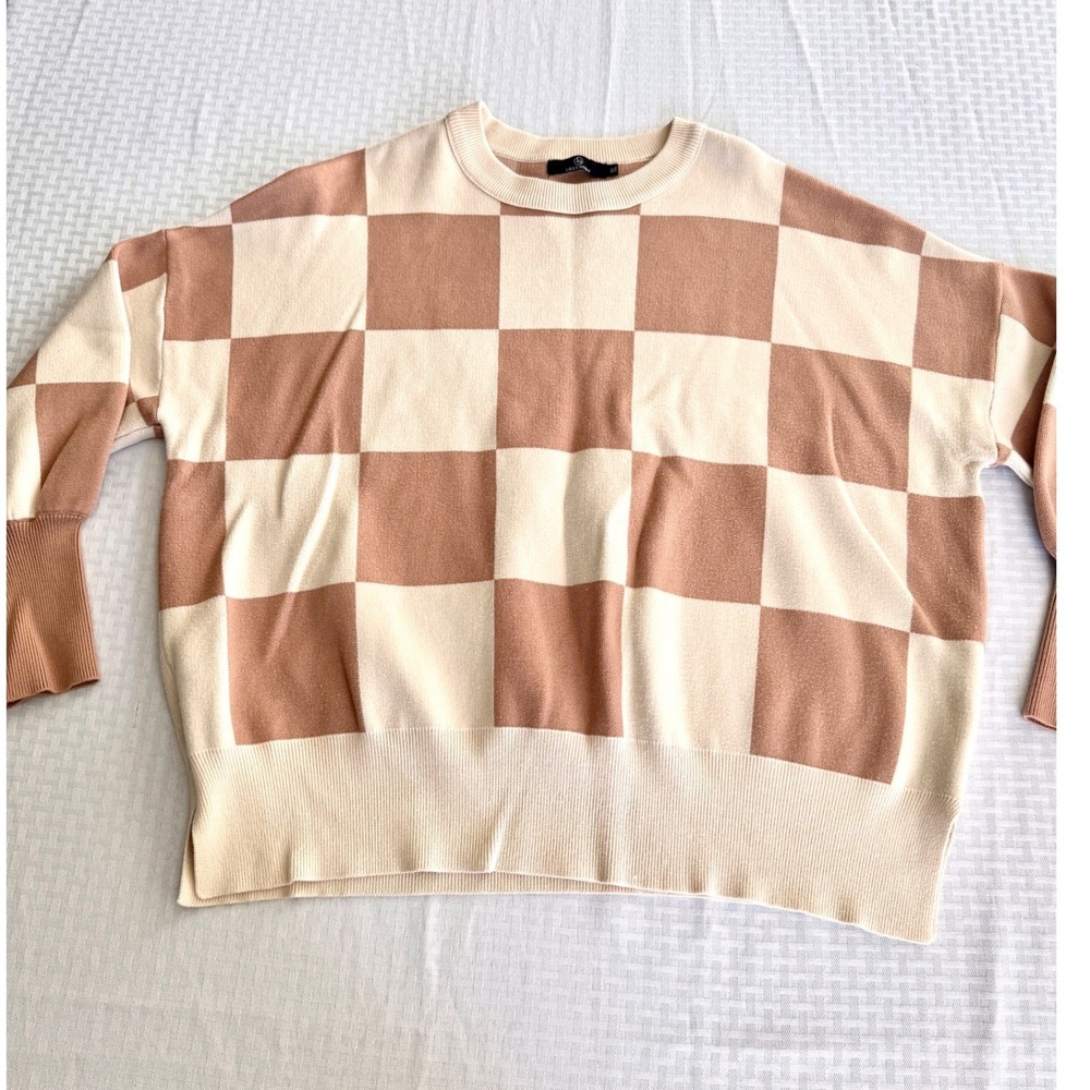 Lillusory XL Checkerboard Oversized Knit Sweater Tan Cream LS063 Drop Shoulder
